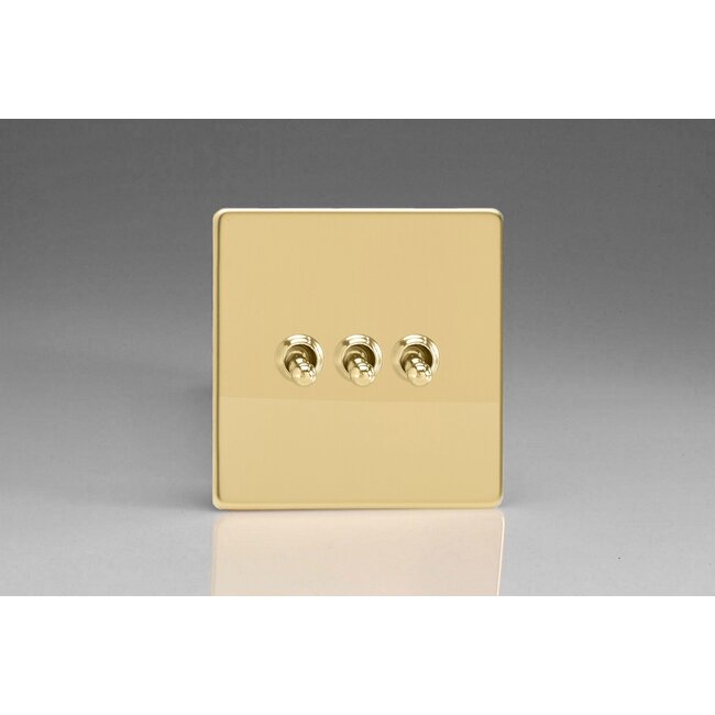 Varilight Screwless 3-Gang 10A 1- or 2-Way Toggle Switch Decorative Polished Brass Brass Toggles