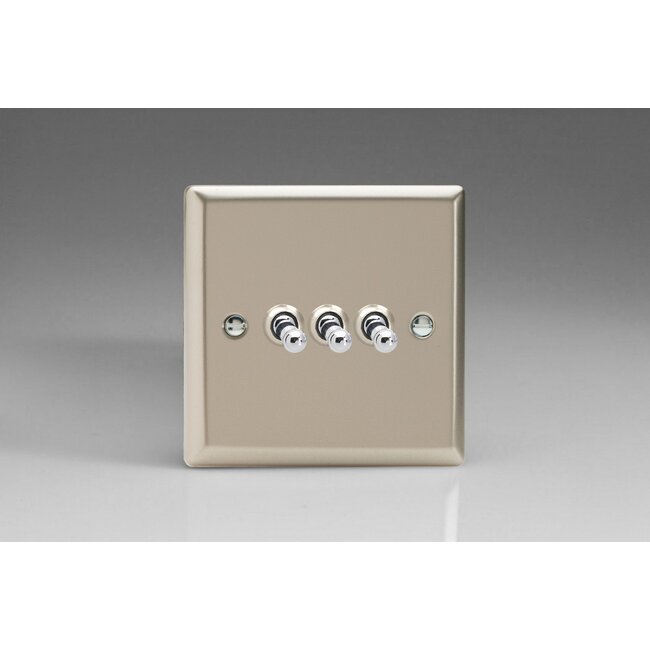 Varilight Classic 3-Gang 10A 1- or 2-Way Toggle Switch Decorative Satin Chrome Toggles