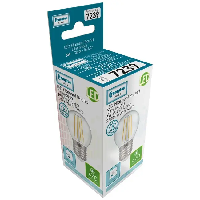Crompton LED Round Filament Dimmable Clear 5W 2700K ES-E27