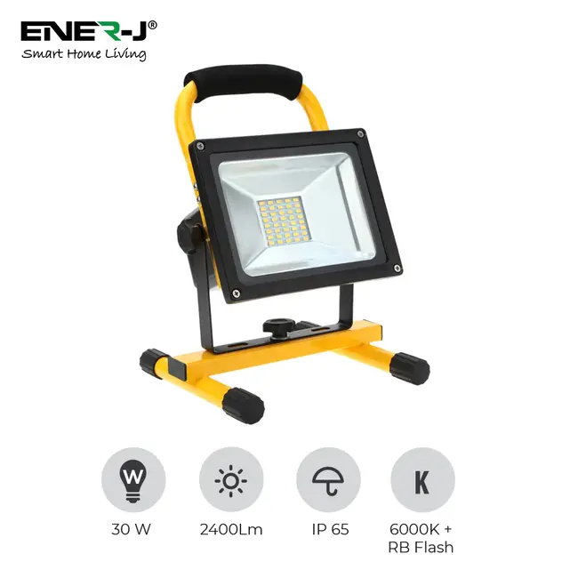 Ener-J 30W rechargeable led floodlight, 7.4V 2200mah, 3.5 to 4H, UK wall charger + car charger, 6000K+R B flash