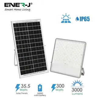 Ener-J 300W LED Floodlights with Solar Panels, 35.5W Solar Panel, 30AH Battery, 3000 lumens
