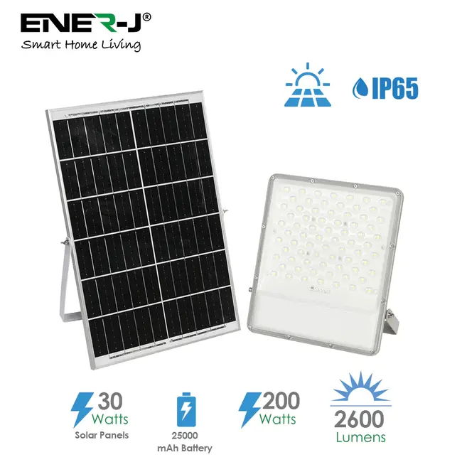 Ener-J 200W LED Floodlights with Solar Panels, 30W Solar Panel, 25AH Battery, 2600 lumens