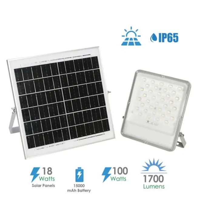 Ener-J 100W LED Floodlights with Solar Panels, 18W Solar Panel, 15AH Battery, 1700 lumens