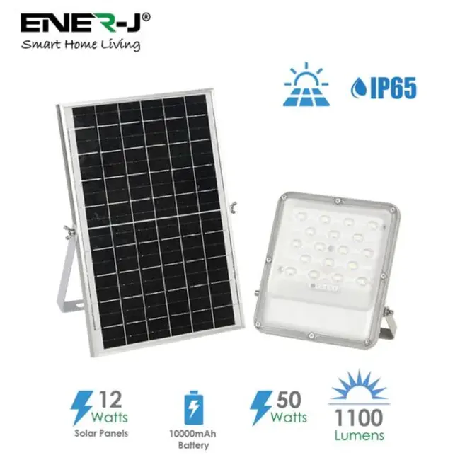 Ener-J 50W LED Floodlights with Solar Panels, 12W Solar Panel, 10AH Battery, 1100 lumens