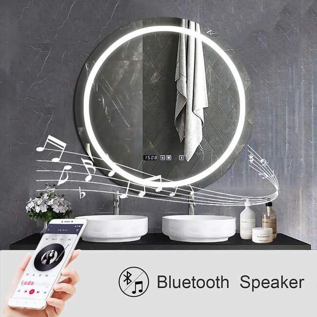 Ener-J LED Mirror with Bluetooth Speaker, Round, CCT Changing & Touch Sensor Size: 70cms