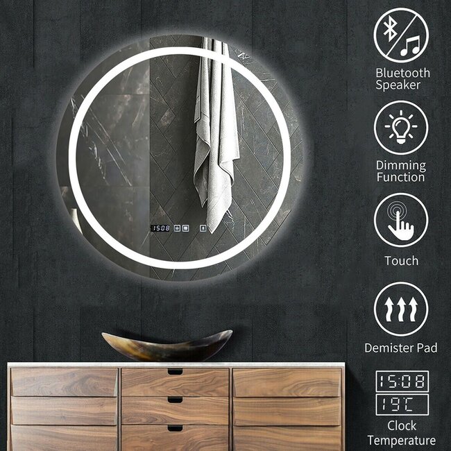Ener-J LED Mirror with Bluetooth Speaker, Round, CCT Changing & Touch Sensor Size: 70cms