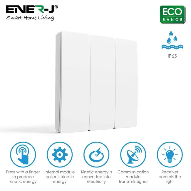 Ener-J 3 Gang Wireless Kinetic Switch White Body