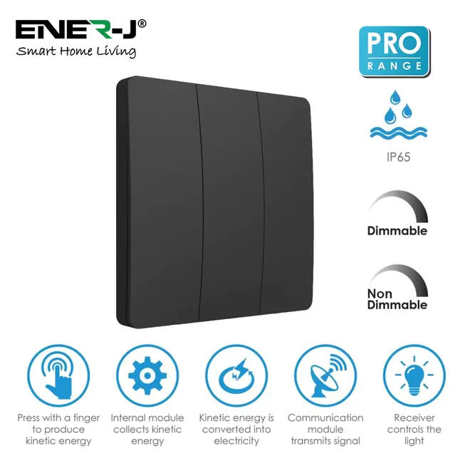 Ener-J 3 Gang Wireless Kinetic Switch Dimmable/Non Dimmable (black body)