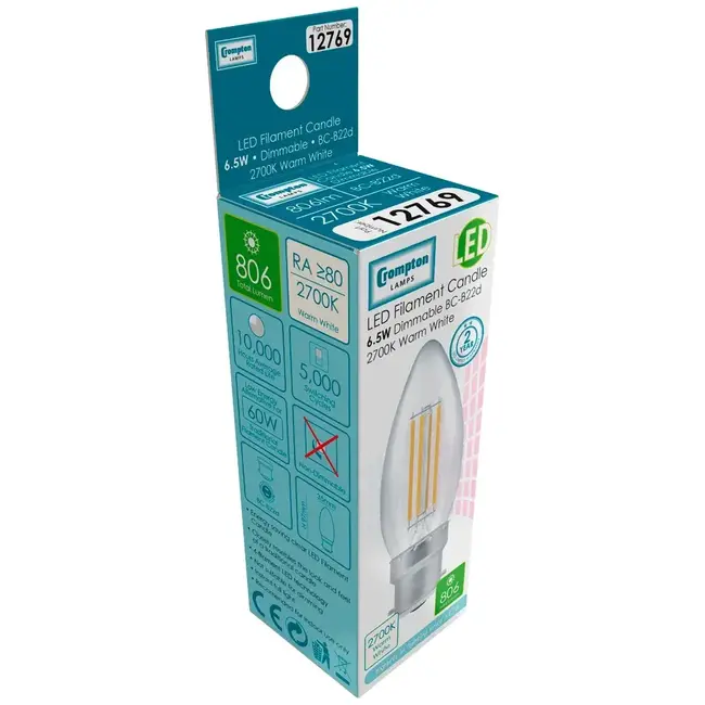 Crompton LED Candle Filament Clear 6.5W 2700K BC-B22d