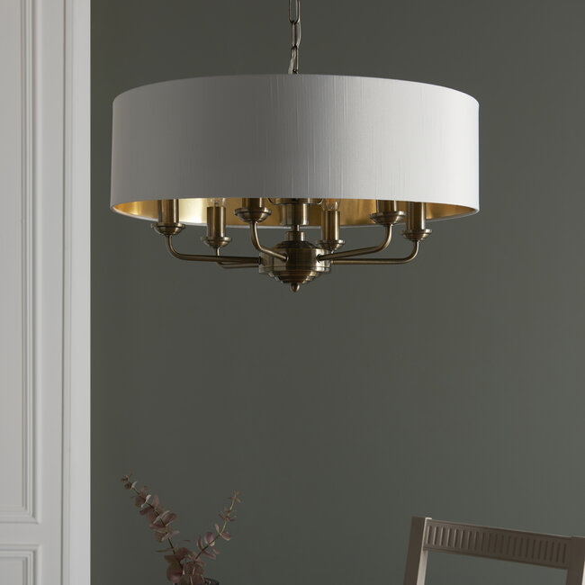Highclere 6lt Pendant - A.Brass/White