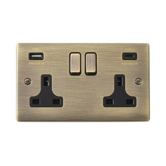 Saxby Electrical Raised Screwed - 13A 2G DP Switched Socket with 15.5W USB A+C - Antique Brass/Black Insert