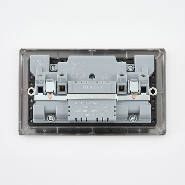 Saxby Electrical Raised Screwed - 13A 2G DP Switched Socket with 15.5W USB A+C - Antique Brass/Black Insert