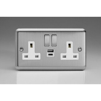 Varilight Classic 2-Gang 13A Single Pole Switched Socket with 1x USB A & 1x USB C Charging Ports Matt Chrome