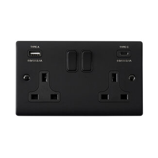 Saxby Electrical Raised Screwed - 13A 2G DP Switched Socket with 15.5W USB A+C - Matt Black/Black Insert