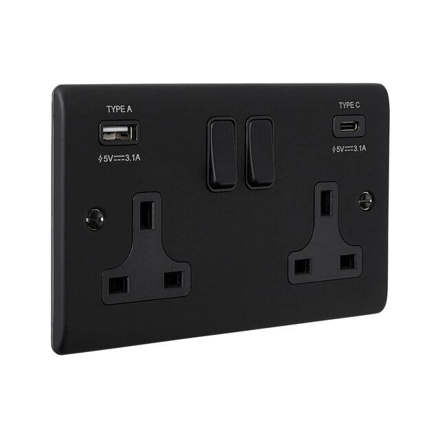 Saxby Electrical Raised Screwed - 13A 2G DP Switched Socket with 15.5W USB A+C - Matt Black/Black Insert