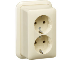 Gira Gira Opbouw wandcontactdoos dubbel met randaarde Wit (creme) 078010