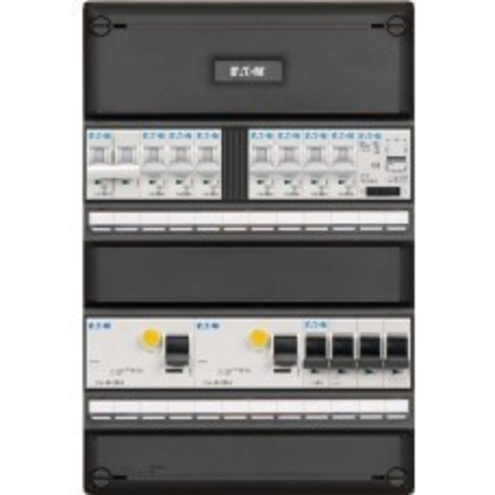 Eaton Eaton groepenkast 3-fase, 7 groepen, 2 Aardlekschakelaars 4-P, 1 fornuisgroep 2x230V, 1 beltrafo, 1 hoofdschakelaar 4-P, systeem 55