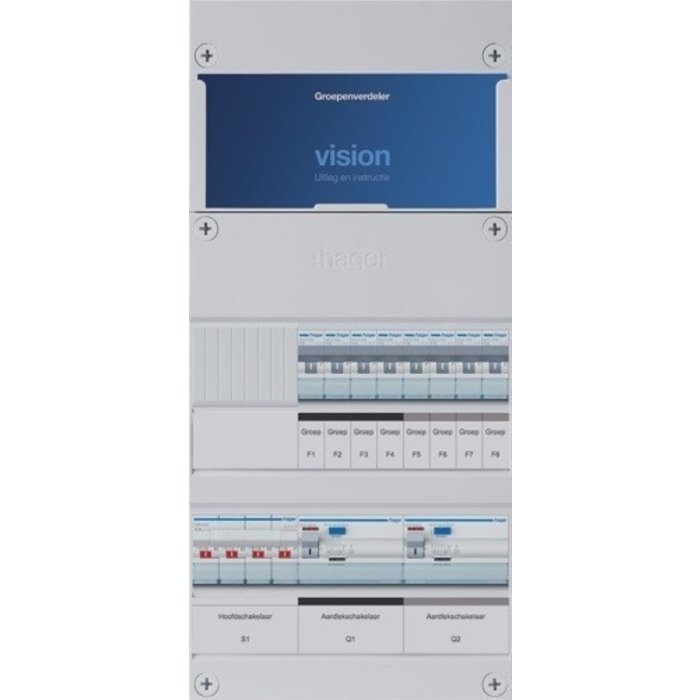 Hager Hager groepenkast 3-fase 8 groepen, 2 Aardlekschakelaars 4-P, 1 hoofdschakelaar 4-P 40A VKG44L