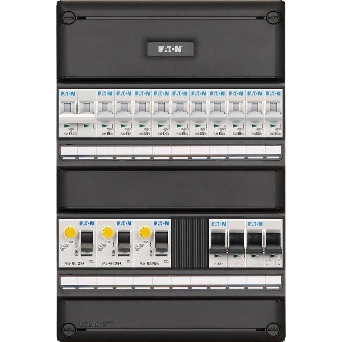 Eaton Eaton groepenkast 3-fase, 10 groepen, 3 Aardlekschakelaars 2-P, 1 fornuisgroep, 1 hoofdschakelaar 4-P, systeem 55 - I103V34F0-HS-64