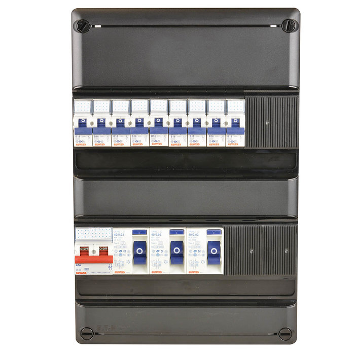 Gewiss groepenkast 9X16A 3x aardlekschakelaar + hoofdschakelaar 2P 1Fase