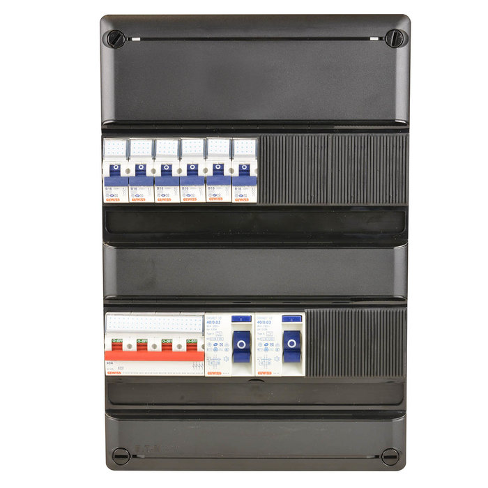 Gewiss groepenkast 6X16A Aardlekschakelaar 2P + hoofdschakelaar 4P 3Fase