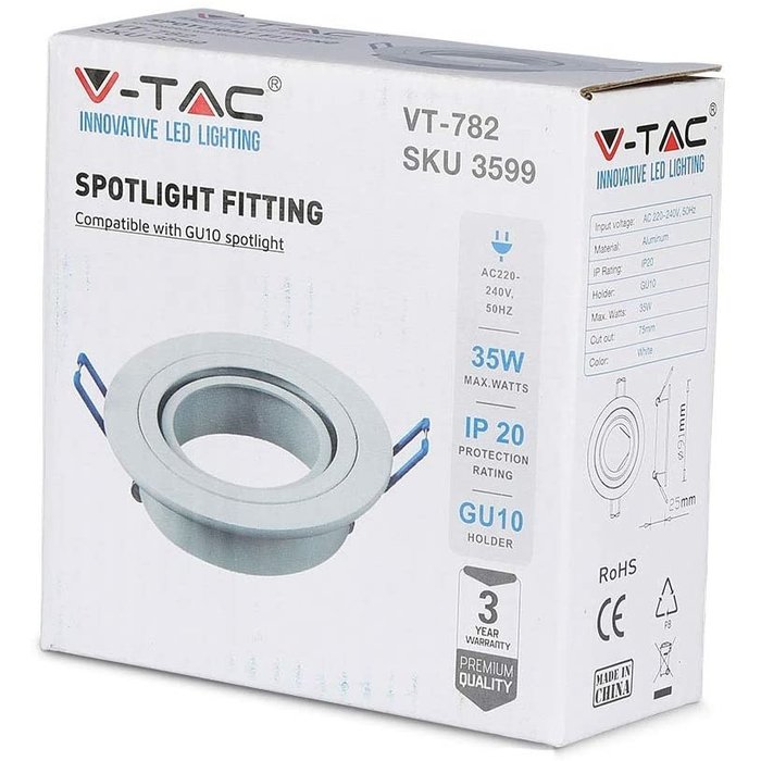V-tac Inbouwspot rond 91mm kantelbaar wit Decoring