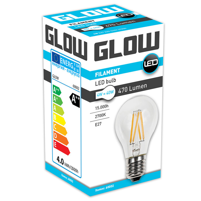Glow LED Filament normaal 4W-40W E27 2700K A60 470lm Niet dimbaar