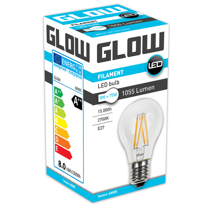 Glow LED Filament normaal 8W-75W E27 2700K A60 1055lm Niet dimbaar