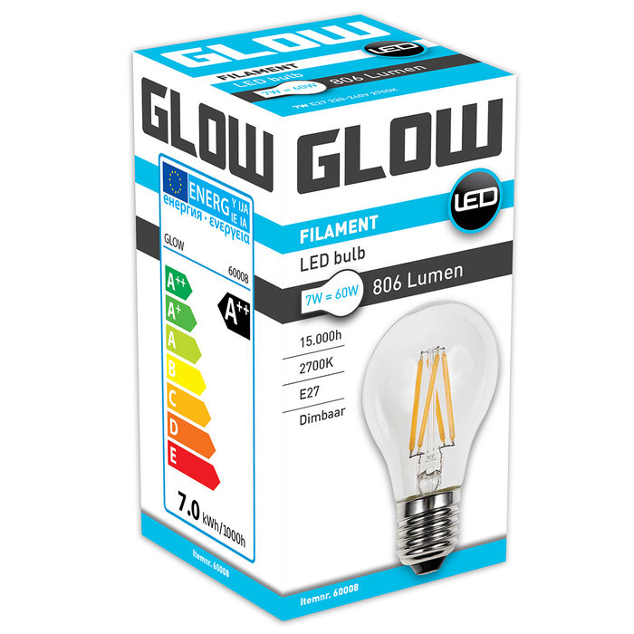 Glow LED Filament normaal 7W-60W E27 2700K A60 806lm dimbaar - 60008