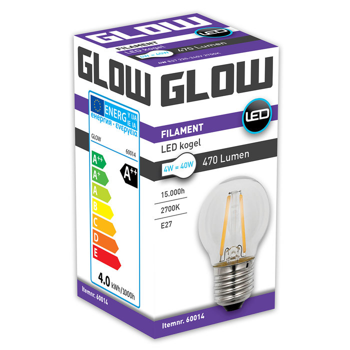 Glow LED Filament kogel 4W-40W E27 2700K G45 470lm niet dimbaar