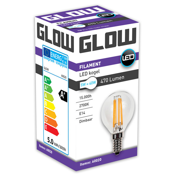 Glow LED Filament kogel 5W-40W E14 2700K G45 470lm dimbaar