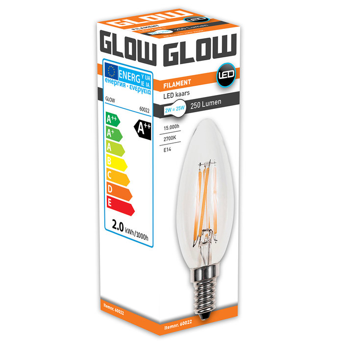 Glow LED Filament kaars 2W-25W E14 2700K C35 250lm  niet dimbaar