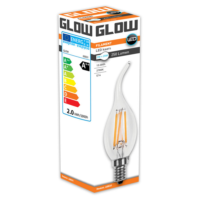 Glow LED Filament tipkaars 2W-25W E14 2700K CA35 250lm niet dimbaar