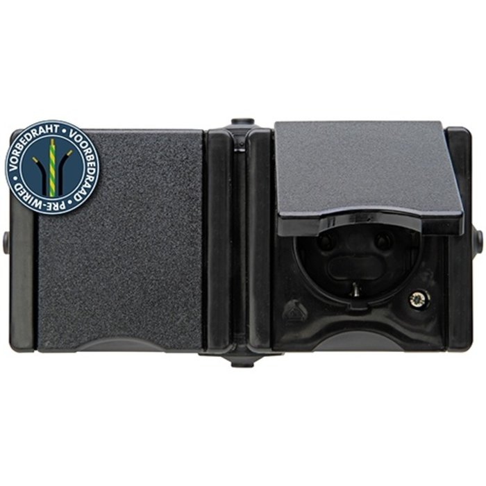 Kopp Kopp stopcontact 2-voudig met randaarde, voorbedraad, met klapdeksel IP44 horizontaal - ProAQA zwart - 950606006