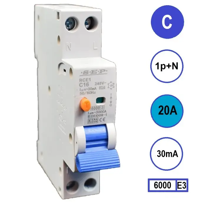 SEP SEP Aardlekautomaat 20A 1P+N 1 mod C kar 30mA - RCE1-1NC20