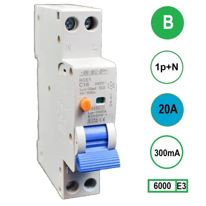 SEP SEP Aardlekautomaat 20A 1P+N 1 mod B kar 300mA -  RCE1-B20.30