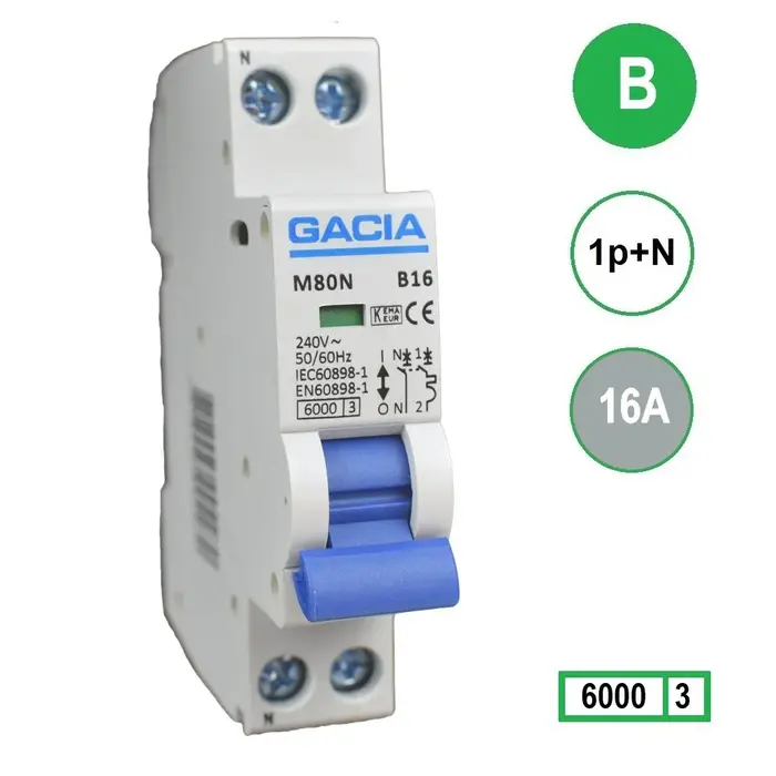 Gacia Gacia Installatieautomaat 1 polig + nul 16A karakteristiek B 6kA - M80N-B16