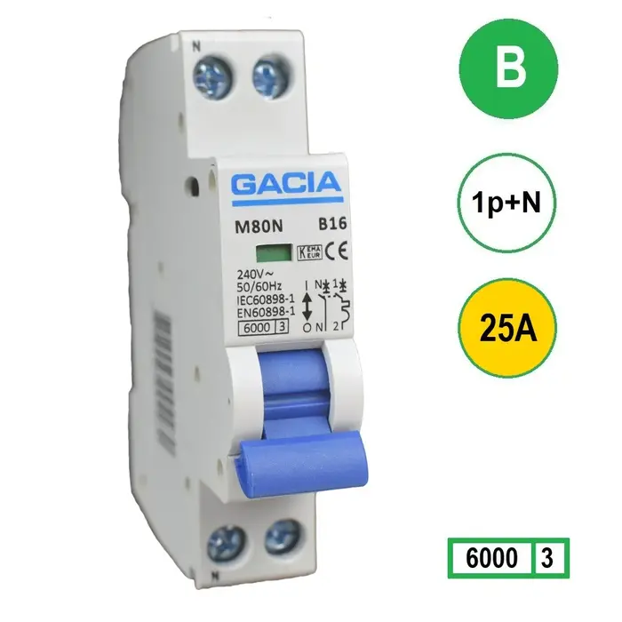 Gacia Gacia Installatieautomaat 1 polig + nul 25A karakteristiek B 6kA - M80N-B25