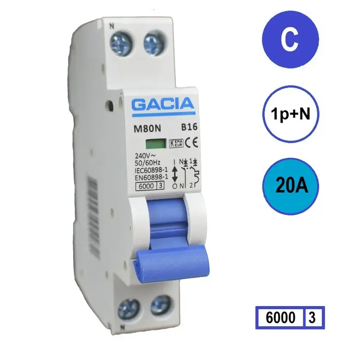Gacia Gacia Installatieautomaat 1 polig + nul 20A karakteristiek C 6kA - M80N-C20