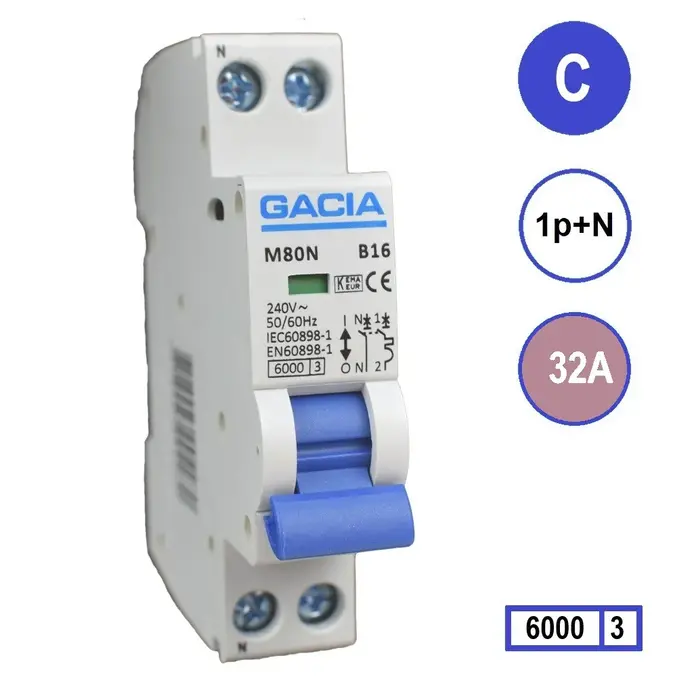 Gacia Gacia Installatieautomaat 1 polig + nul 32A karakteristiek C 6kA - M80N-C32
