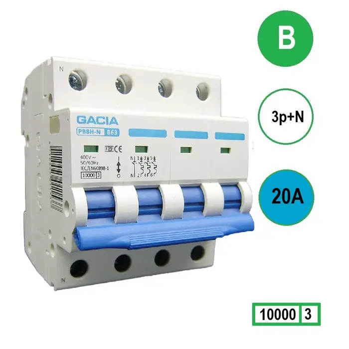 Gacia Gacia Installatieautomaat 3 polig + nul B20A 10kA - PB8H-3NB20