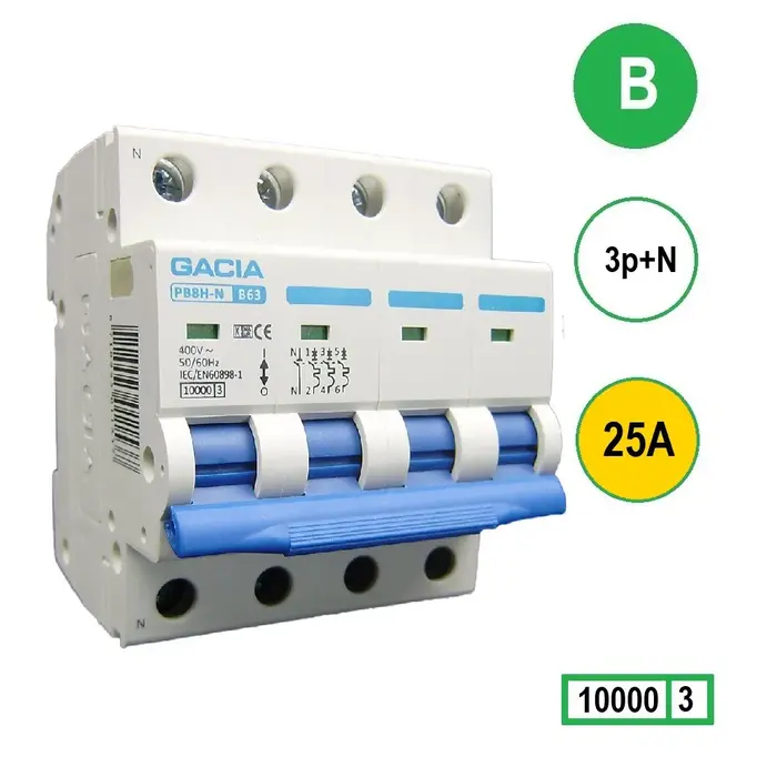 Gacia Gacia Installatieautomaat 3 polig + nul B25A 10kA - PB8H-3NB25