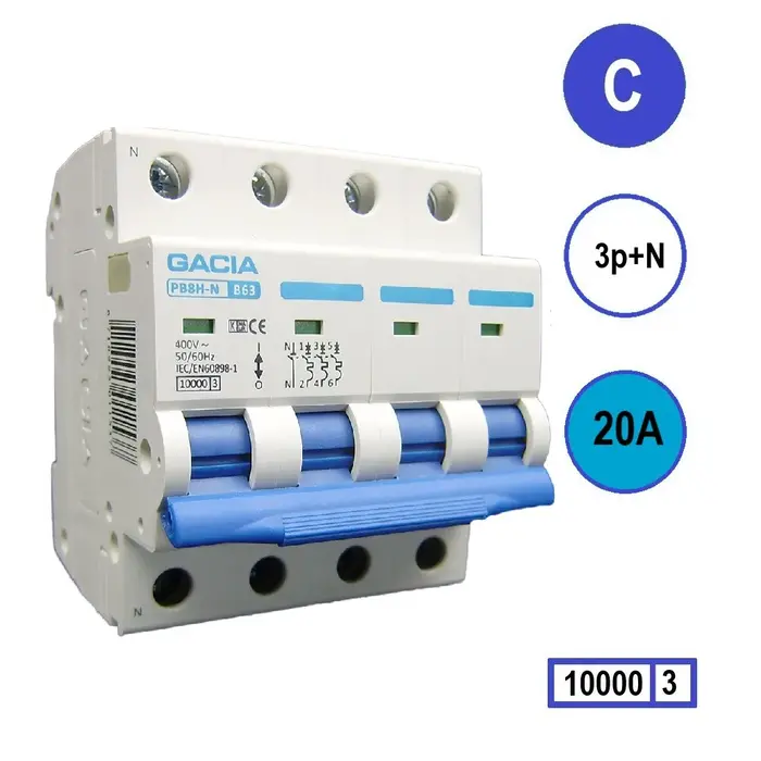 Gacia Gacia Installatieautomaat 3 polig + nul C20A 10kA - PB8H-3NC20