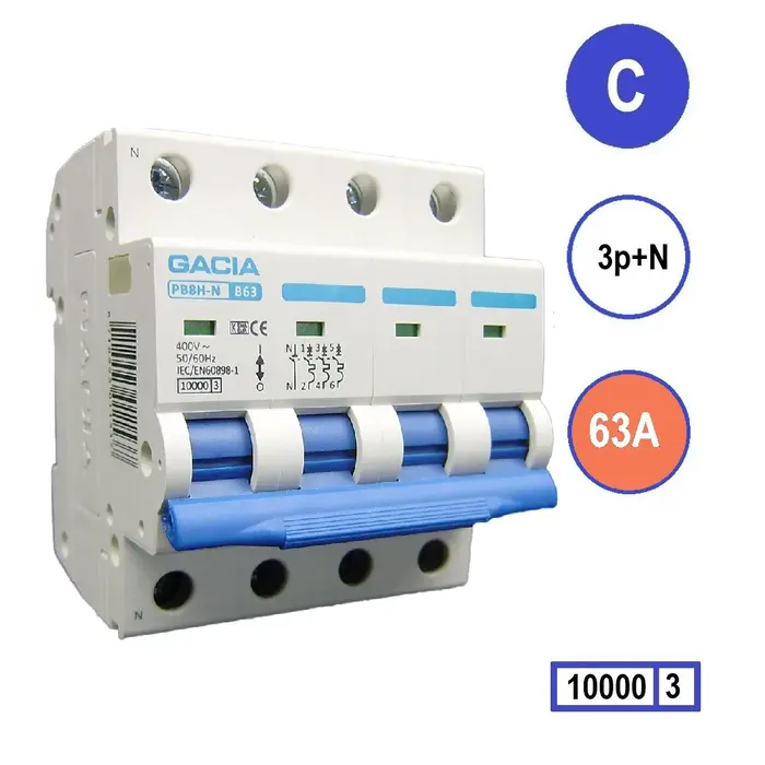 Gacia Gacia Installatieautomaat 3 polig + nul C63A 10kA - PB8H-3NC63