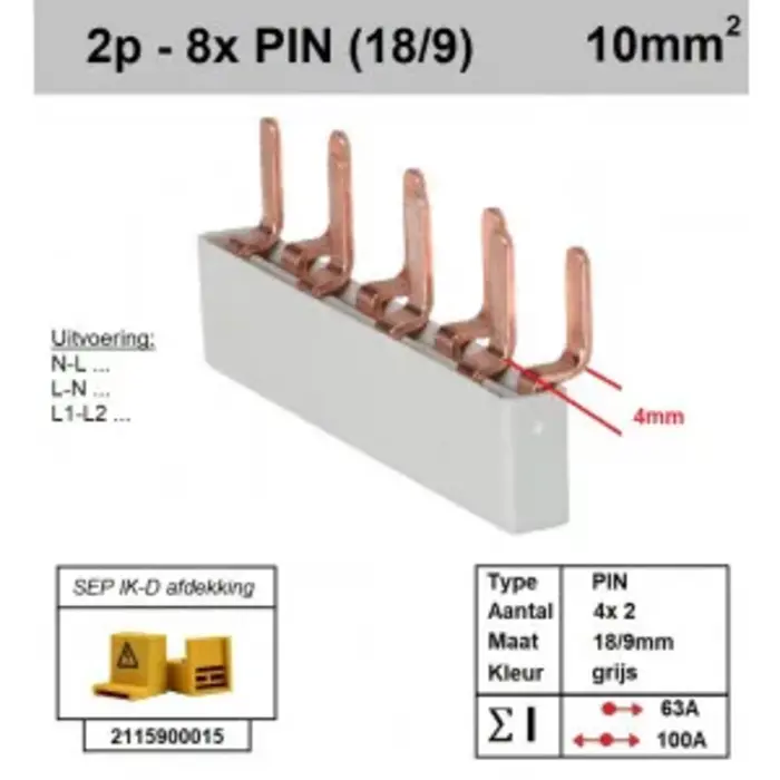 SEP Kamrail pin 4x 2polig tbv 4x(aardlek)automaat 1P+N 1mod