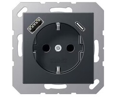 Jung Jung A range wandcontactdoos met randaarde, 1 USB type A en 1 USB type C antraciet - A1520-15CAANM