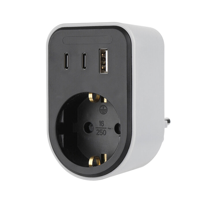 Elektrawebshop Stopcontact splitter met wcd + RA - 2x USB C + 1x USB A - Zwart - 226671