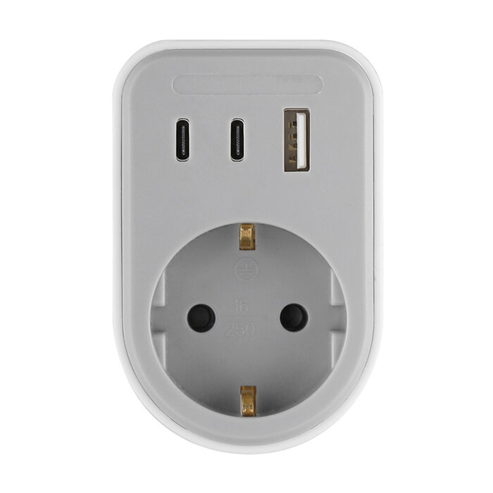 Elektrawebshop Stopcontact splitter met wcd + RA - 2x USB C + 1x USB A - Grijs - 226670