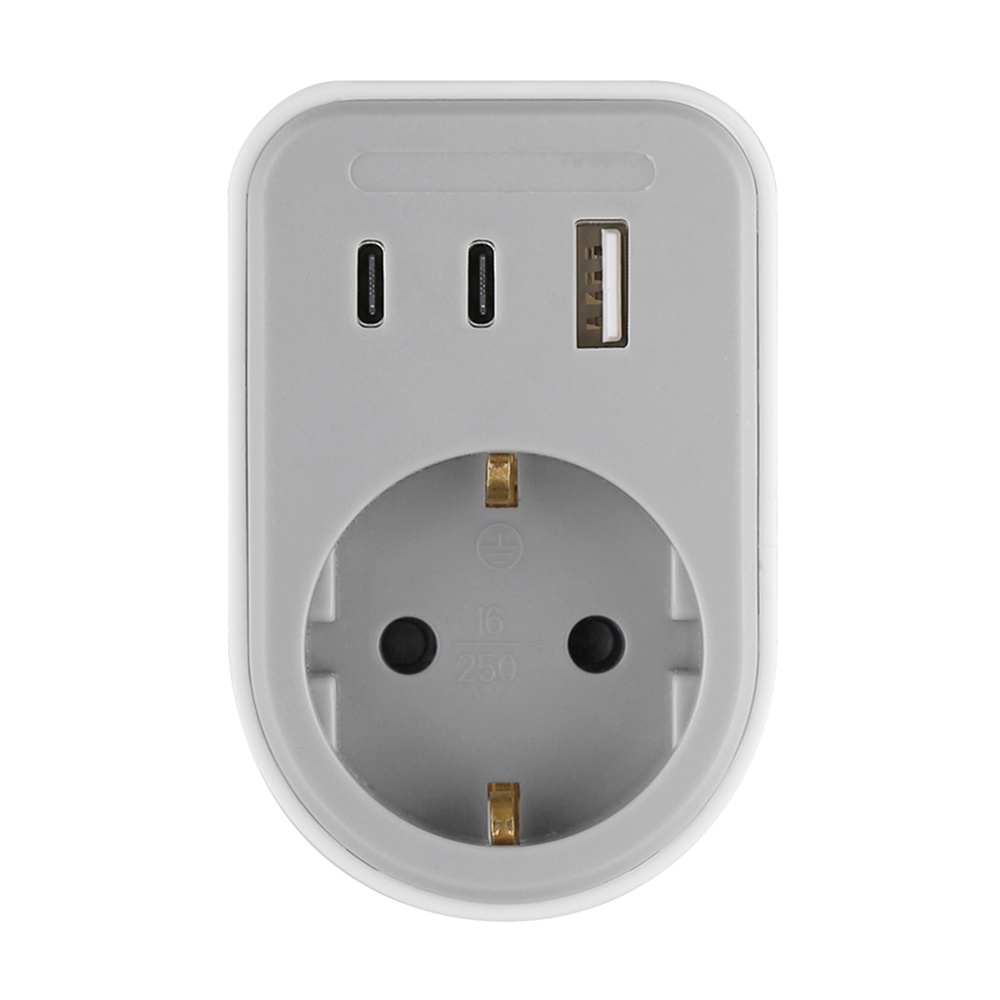 Elektrawebshop Stopcontact splitter met wcd + RA - 2x USB C + 1x USB A - Grijs - 226670