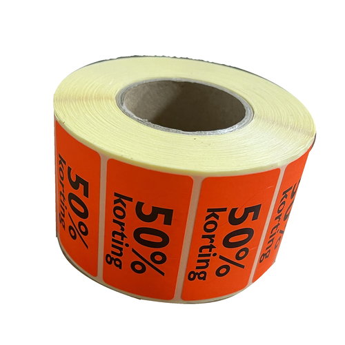 Etiket 47x25mm fluor rd 50% korting, rol à 1000 stuks